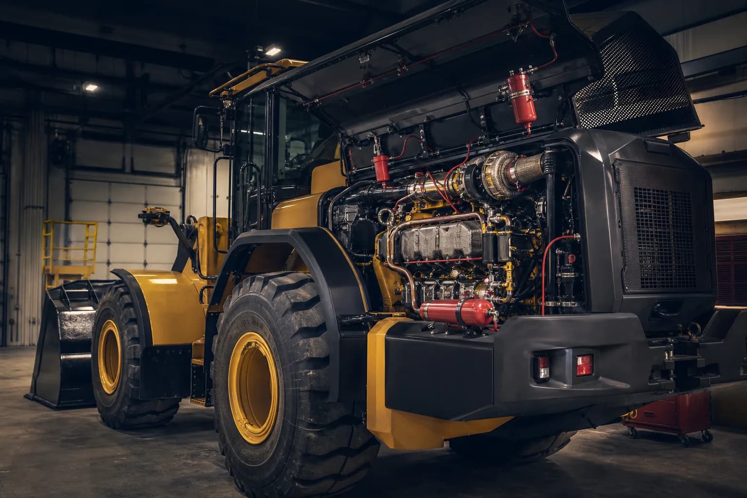 İş makinesi motor bölmesine kurulmuş otomatik araç söndürme sistemi