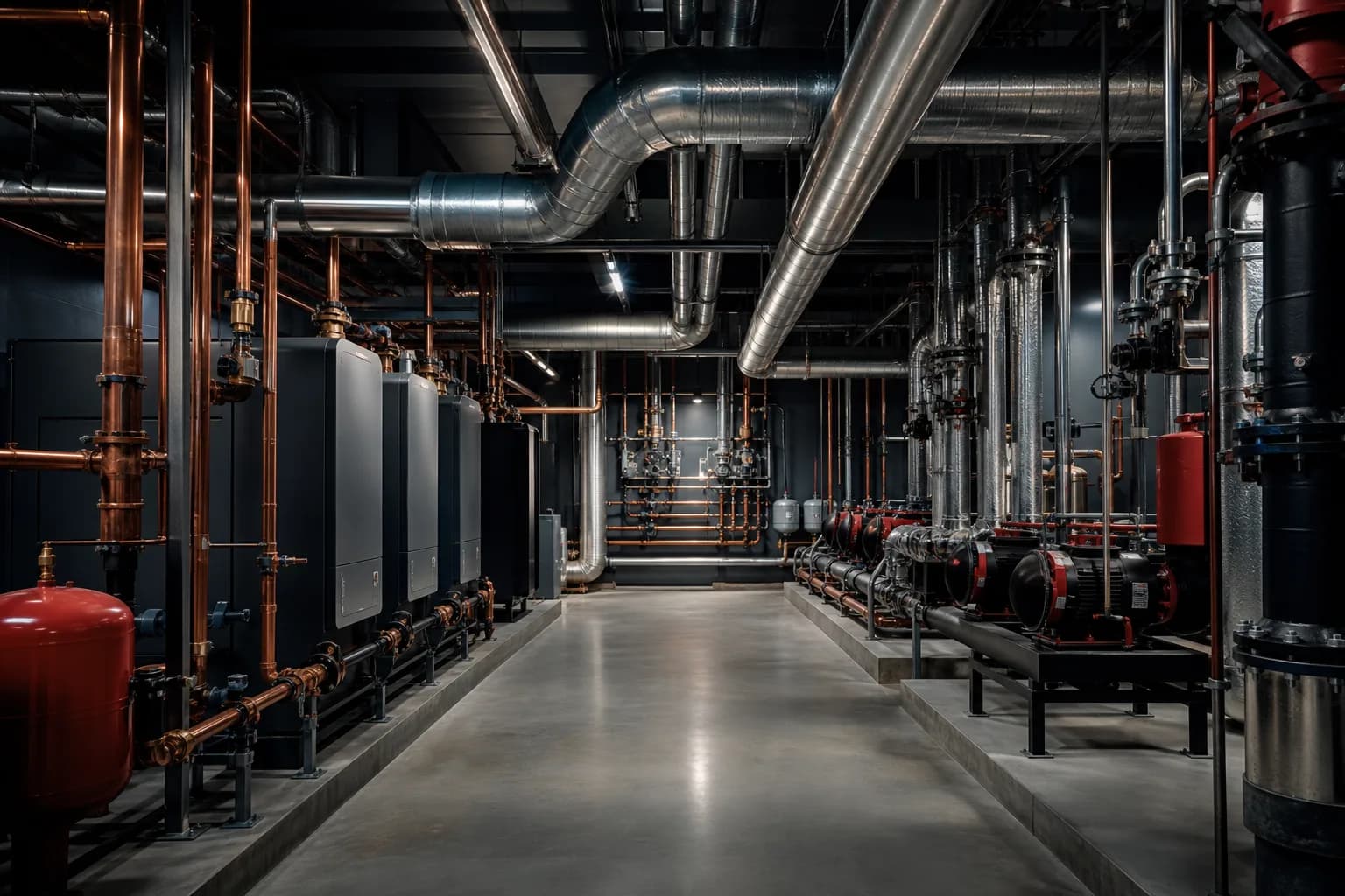 Mekanik odada koordineli HVAC, pompa, borulama ve havalandırma tesisatı